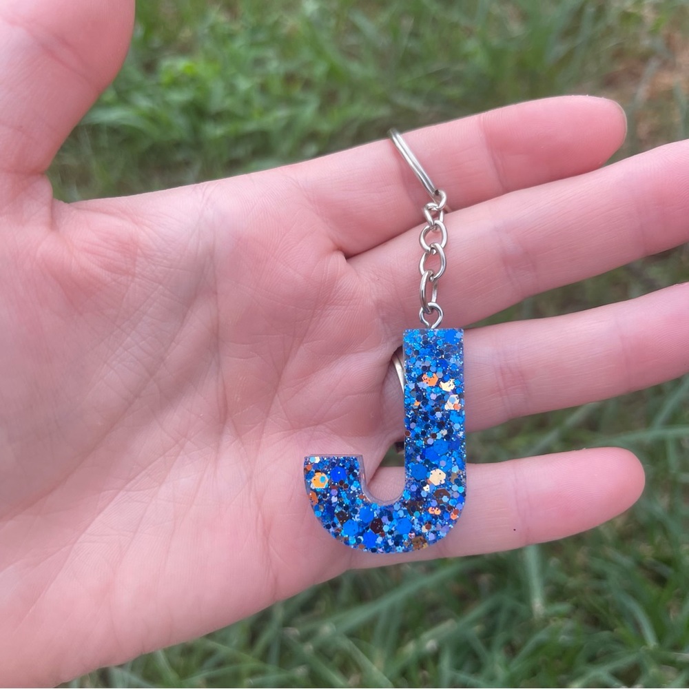 Blue Glittery Initial Keychain J Handmade With Resin